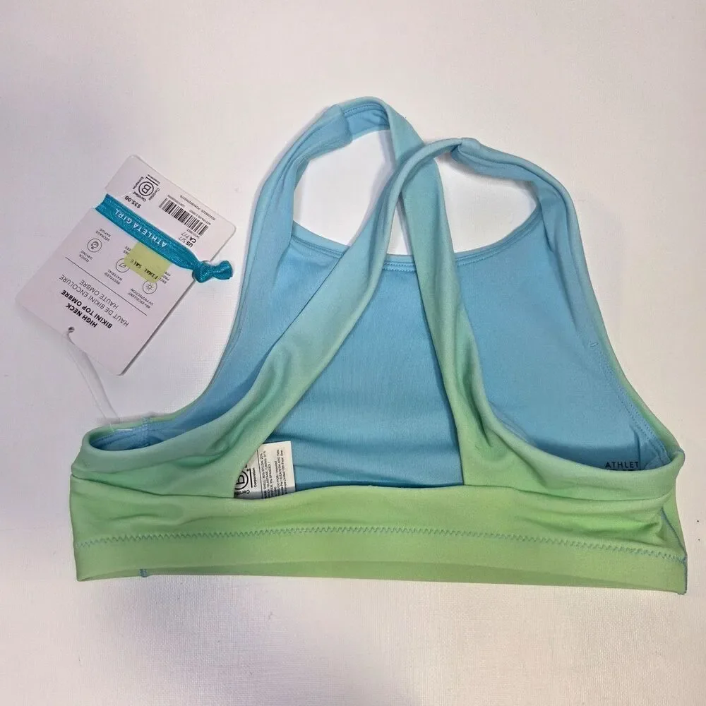 Athleta Girl High Neck Bikini Top Sports Bra NWT s 7 Small Hombre Blue Green